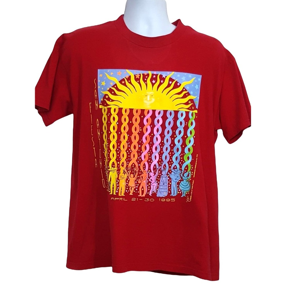 Lee Mens Short Sleeve Shirt Vintage 90s Fiesta San Antonia Red Rainbow Sun Made